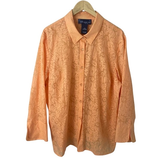 Susan Graver Floral Burnout Top Orange Button Front Career Office Plus 2X - Picture 1 of 8